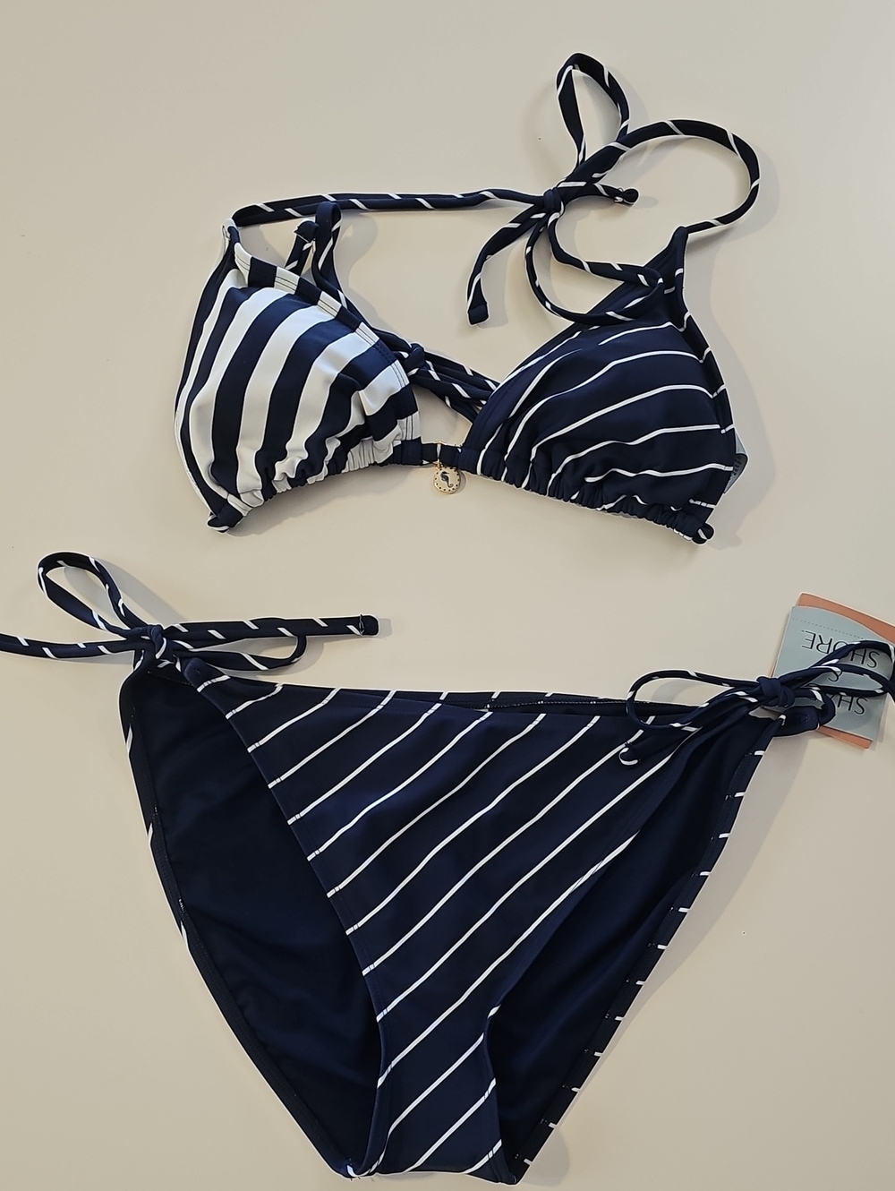 Shade & Shore M/L Navy and White Diagonal Striped Tie-Side Bikini Set